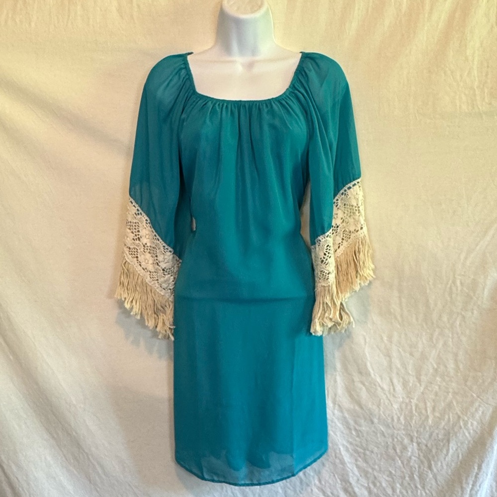 F-146 Honeyme Teal Lace &‎ Fringe Trim 1/2 Sleeve Lined MIDI Dress Size M